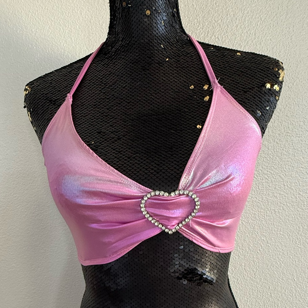Pink Metallic Heart Rhinestone Halter Crop Top
